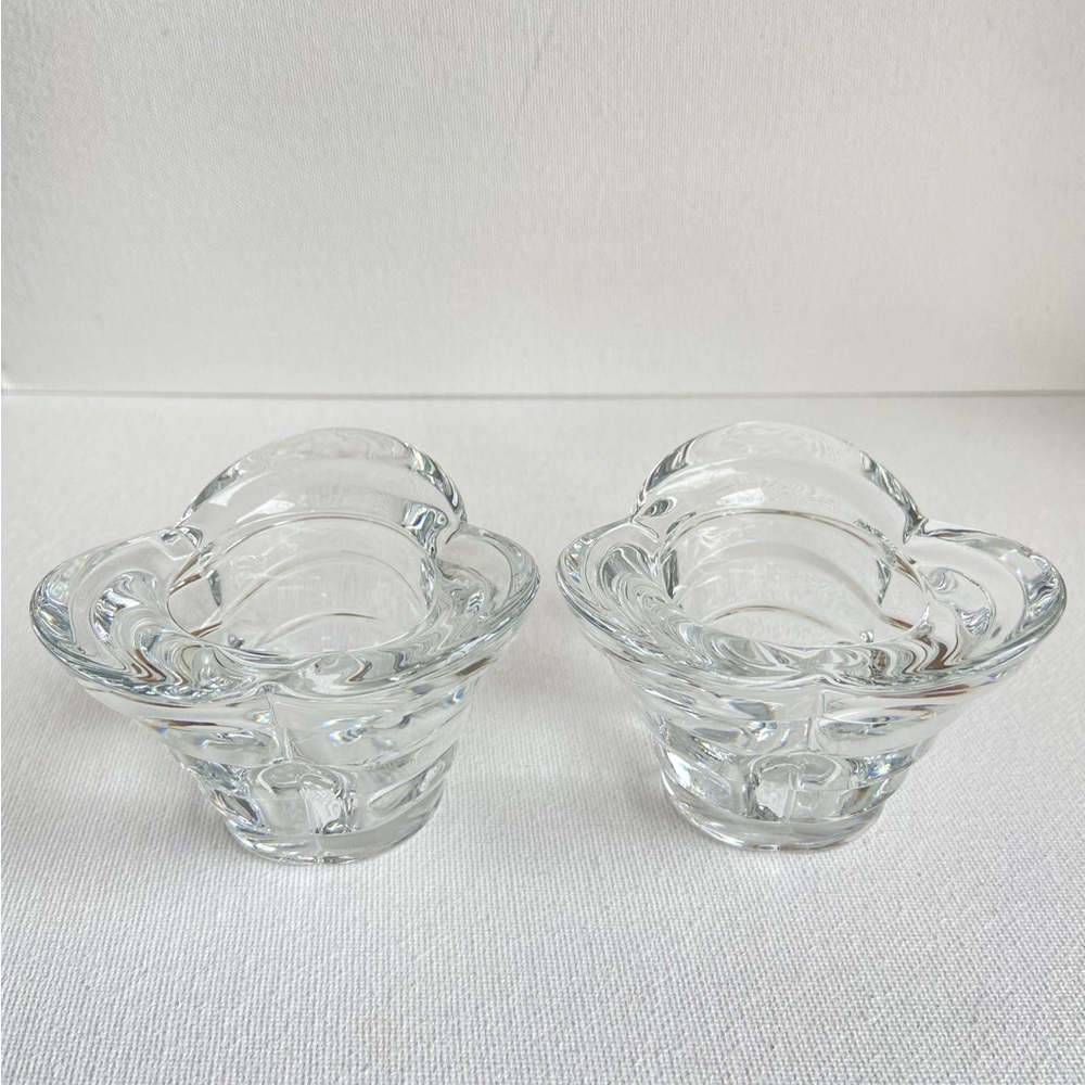 Italy glass flower tulip candle holders for tapers or tealight clear set of two